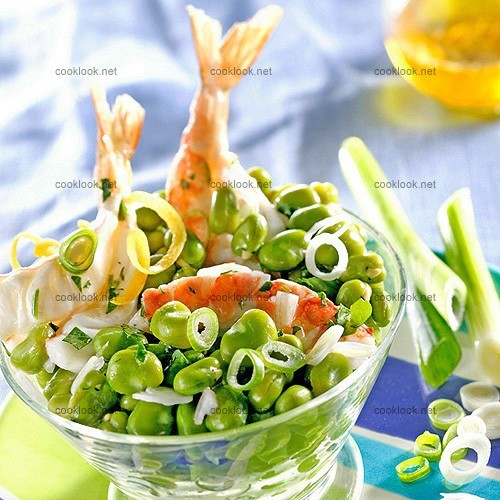 Salade de fèves aux gambas marinées